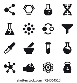 16 vector icon set : molecule, hex molecule, round flask, dna, flask, round around, quantum bond, funnel, fertilizer