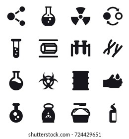 16 vector icon set : molecule, round flask, nuclear, quantum bond, vial, nanotube, fertilizer, washing powder, toilet cleanser