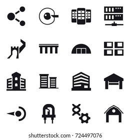 16 vector icon set : molecule, cell corection, server, greate wall, bridge, hangare, panel house, building, district, garage, barn