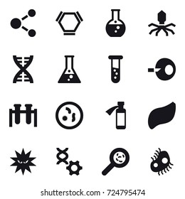 16 vector icon set : molecule, hex molecule, round flask, virus, dna, flask, vial, viruses, microb