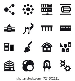 16 vector icon set : molecule, round around, server, nanotube, greate wall, bridge, bunker, district, construction, house, architector