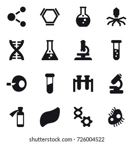 16 vector icon set : molecule, hex molecule, round flask, virus, dna, flask, microscope, vial, microb