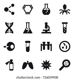 16 vector icon set : molecule, hex molecule, round flask, virus, dna, flask, microscope, vial, viruses