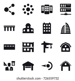 16 vector icon set : molecule, round around, server, bridge, mansion, building, skyscraper, bunker, modular house, tower crane, house, architector, garage, barn