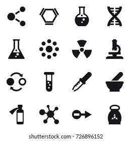 16 vector icon set : molecule, hex molecule, round flask, dna, flask, round around, nuclear, microscope, quantum bond, vial, fertilizer