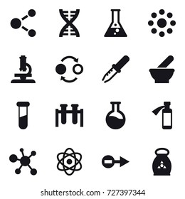 16 vector icon set : molecule, dna, flask, round around, microscope, quantum bond, fertilizer