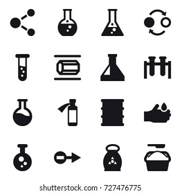 16 vector icon set : molecule, round flask, flask, quantum bond, vial, nanotube, fertilizer, washing powder