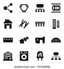 16 vector icon set : molecule, hex molecule, structure, nanotube, home, bridge, skyscrapers, bunker, houses, slum, hangare, washing machine, hierarchy