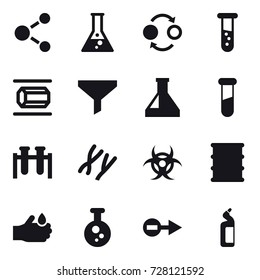 16 vector icon set : molecule, flask, quantum bond, vial, nanotube, funnel, toilet cleanser