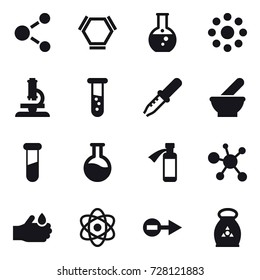 16 vector icon set : molecule, hex molecule, round flask, round around, microscope, vial, fertilizer