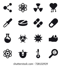16 vector icon set : molecule, atom, nuclear, cardio chip, thermometer, viruses
