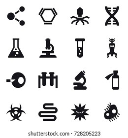 16 vector icon set : molecule, hex molecule, virus, dna, flask, microscope, vial, dna modify, microb