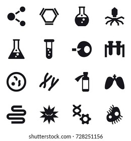 16 vector icon set : molecule, hex molecule, round flask, virus, flask, vial, microb