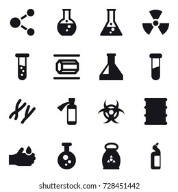 16 vector icon set : molecule, round flask, flask, nuclear, vial, nanotube, fertilizer, toilet cleanser