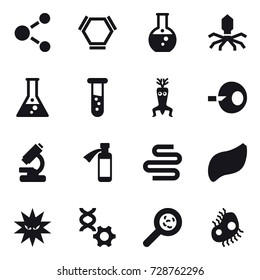 16 vector icon set : molecule, hex molecule, round flask, virus, flask, vial, dna modify, viruses, microb