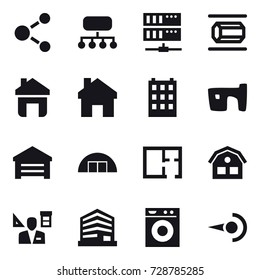 16 vector icon set : molecule, structure, server, nanotube, home, building, slum, garage, hangare, plan, house, architector, washing machine