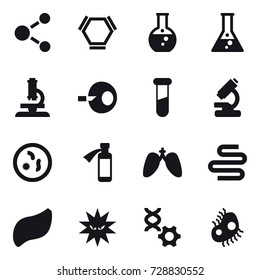16 vector icon set : molecule, hex molecule, round flask, flask, microscope, microb