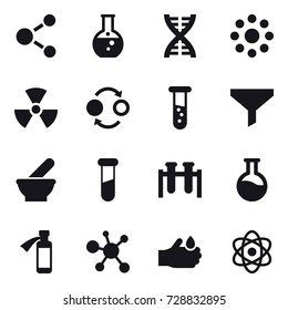 16 vector icon set : molecule, round flask, dna, round around, nuclear, quantum bond, vial, funnel