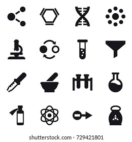 16 vector icon set : molecule, hex molecule, dna, round around, microscope, quantum bond, vial, funnel, fertilizer