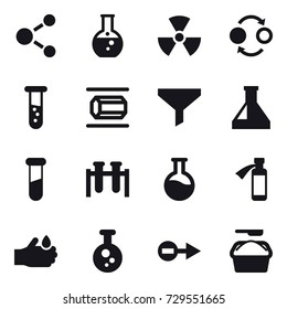 16 vector icon set : molecule, round flask, nuclear, quantum bond, vial, nanotube, funnel, washing powder