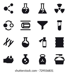 16 vector icon set : molecule, round flask, flask, nuclear, quantum bond, nanotube, funnel, fertilizer, washing powder