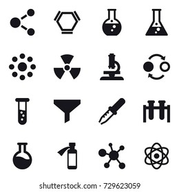 16 vector icon set : molecule, hex molecule, round flask, flask, round around, nuclear, microscope, quantum bond, vial, funnel