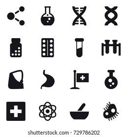 16 vector icon set : molecule, round flask, dna, first aid, mortar, microb