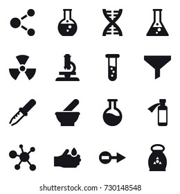 16 vector icon set : molecule, round flask, dna, flask, nuclear, microscope, vial, funnel, fertilizer