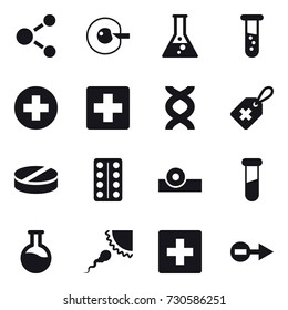 16 vector icon set : molecule, cell corection, flask, vial, first aid