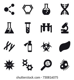 16 vector icon set : molecule, hex molecule, round flask, dna, flask, vial, viruses, microb