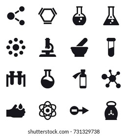 16 vector icon set : molecule, hex molecule, round flask, flask, round around, microscope, fertilizer