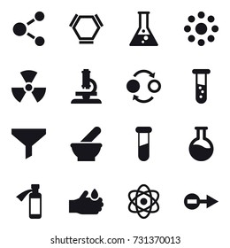 16 vector icon set : molecule, hex molecule, flask, round around, nuclear, microscope, quantum bond, vial, funnel