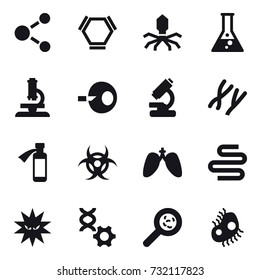 16 vector icon set : molecule, hex molecule, virus, flask, microscope, viruses, microb