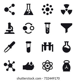 16 vector icon set : molecule, flask, round around, nuclear, microscope, quantum bond, vial, funnel, fertilizer