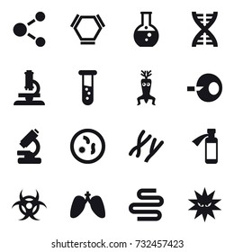 16 vector icon set : molecule, hex molecule, round flask, dna, microscope, vial, dna modify
