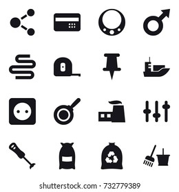 16 vector icon set : molecule, credit card, necklace, measuring tape, power socket, pan, flour, garbage bag, bucket and broom