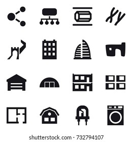 16 vector icon set : molecule, structure, nanotube, greate wall, building, skyscraper, slum, garage, hangare, modular house, panel house, plan, house, washing machine