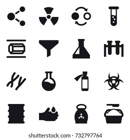 16 vector icon set : molecule, nuclear, quantum bond, vial, nanotube, funnel, fertilizer, washing powder