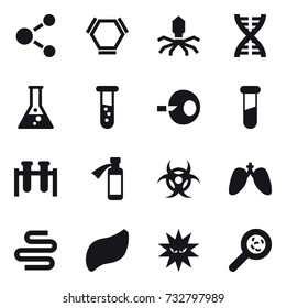 16 vector icon set : molecule, hex molecule, virus, dna, flask, vial, viruses