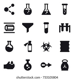 16 vector icon set : molecule, round flask, flask, vial, nanotube, funnel, fertilizer
