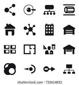 16 vector icon set : molecule, cell corection, structure, nanotube, home, building, garage, panel house, plan, architector, hierarchy