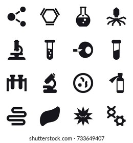 16 vector icon set : molecule, hex molecule, round flask, virus, microscope, vial