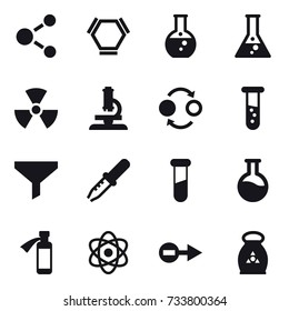 16 vector icon set : molecule, hex molecule, round flask, flask, nuclear, microscope, quantum bond, vial, funnel, fertilizer