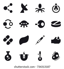 16 vector icon set : molecule, satellite antenna, virus, rocket, quantum bond, ufo, thermometer, microb