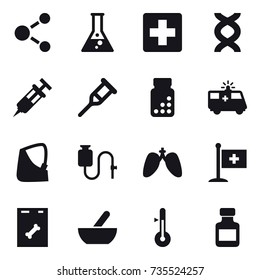 16 vector icon set : molecule, flask, mortar, thermometer, pills bottle