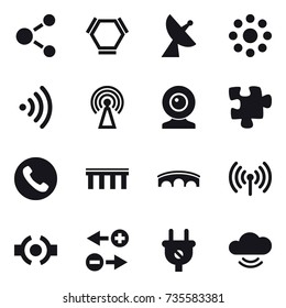 16 vector icon set : molecule, hex molecule, satellite antenna, round around, wireless, antenna, web cam, puzzle, phone, bridge