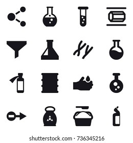 16 vector icon set : molecule, round flask, vial, nanotube, funnel, fertilizer, washing powder, toilet cleanser