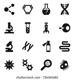 16 vector icon set : molecule, hex molecule, round flask, dna, microscope, vial, dna modify, viruses, microb