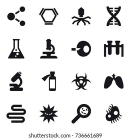 16 vector icon set : molecule, hex molecule, virus, dna, flask, microscope, viruses, microb