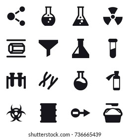 16 vector icon set : molecule, round flask, flask, nuclear, nanotube, funnel, washing powder